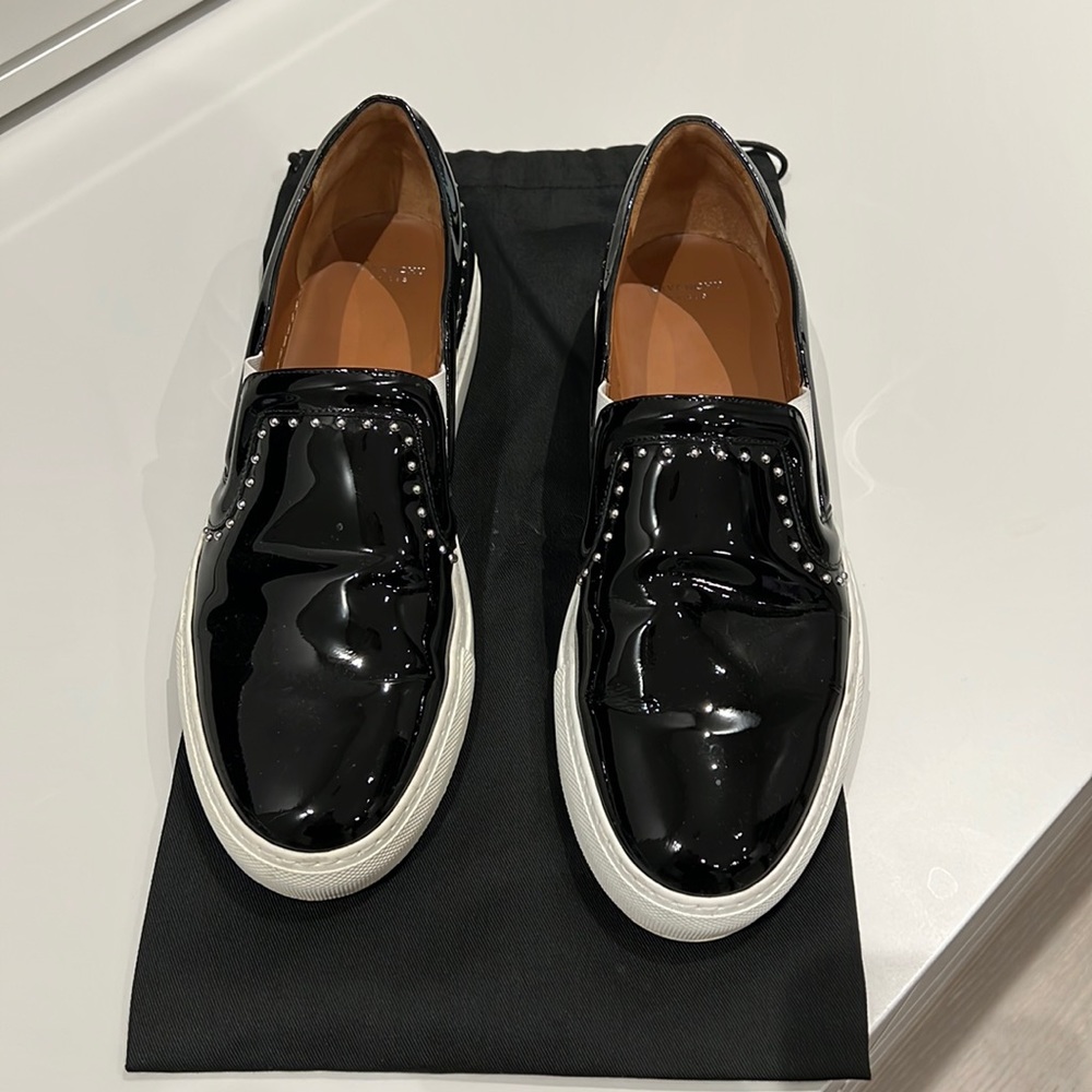 Givenchy Black Patent Leather Slip-On Flats with White Soles